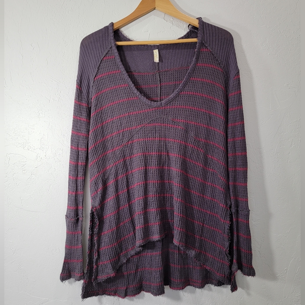 Free People Striped Waffle Knit Flowy Long Sleeve Raw Hem Tunic Top xsmall